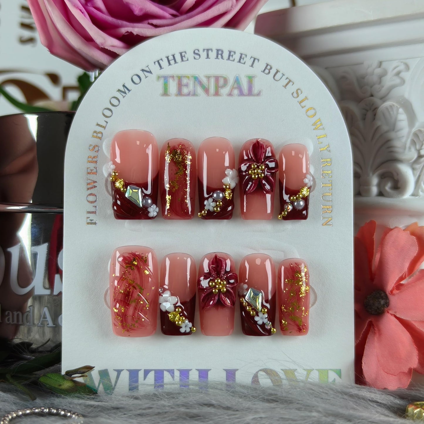 TENPAL Wine Red French Tips Press on Nails Medium Coffin, Ombre 5D Flower Pearl Sweet Sexy Glitter Handmade Fake Nails Reusable Daily Wear Salon Acrylic False Nails for Women 10PCS(M)