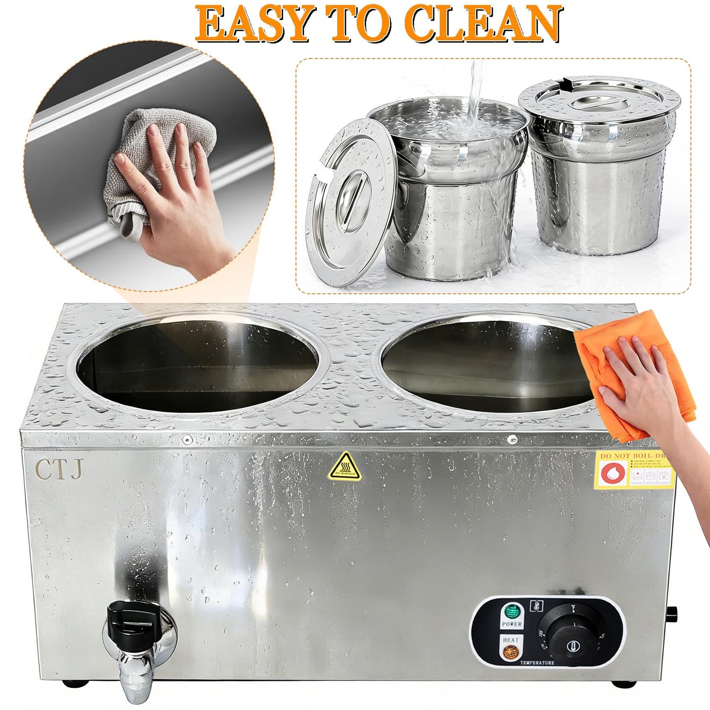 CTJ Electric Soup Warmer Two 7.4QT Commercial Food Warmer 304 Stainless Steel Bain Marie 86°F~185°F Adjustable, with Drain Faucet, Buffet Warmer Steam Table for Catering Restaurant Buffet
