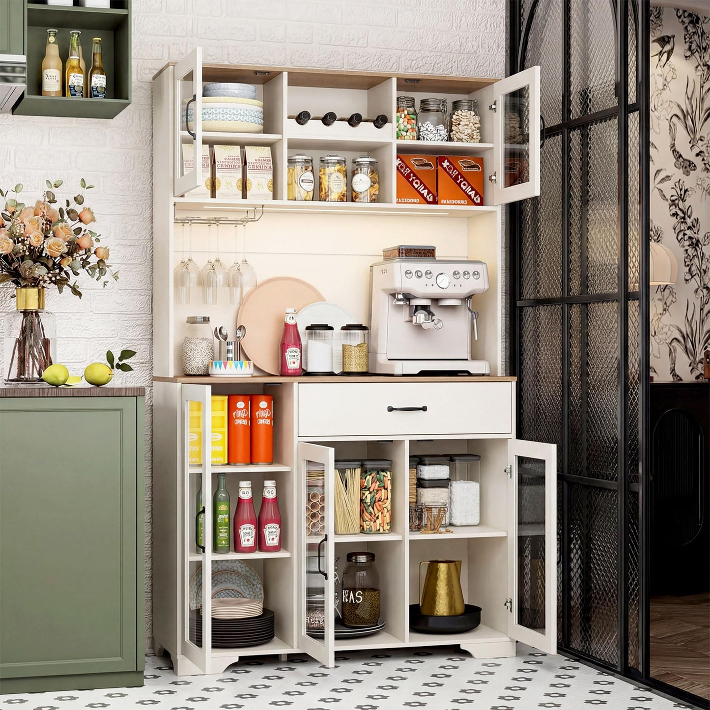 Hotmeily 71" Tall Pantry Cabinet with Charging Station, Kitchen Hutch with 3 Color LED Lights & Microwave Stand, Coffee Bar Cabinet with Large Storage Drawers for Dining Room, Living Room, White