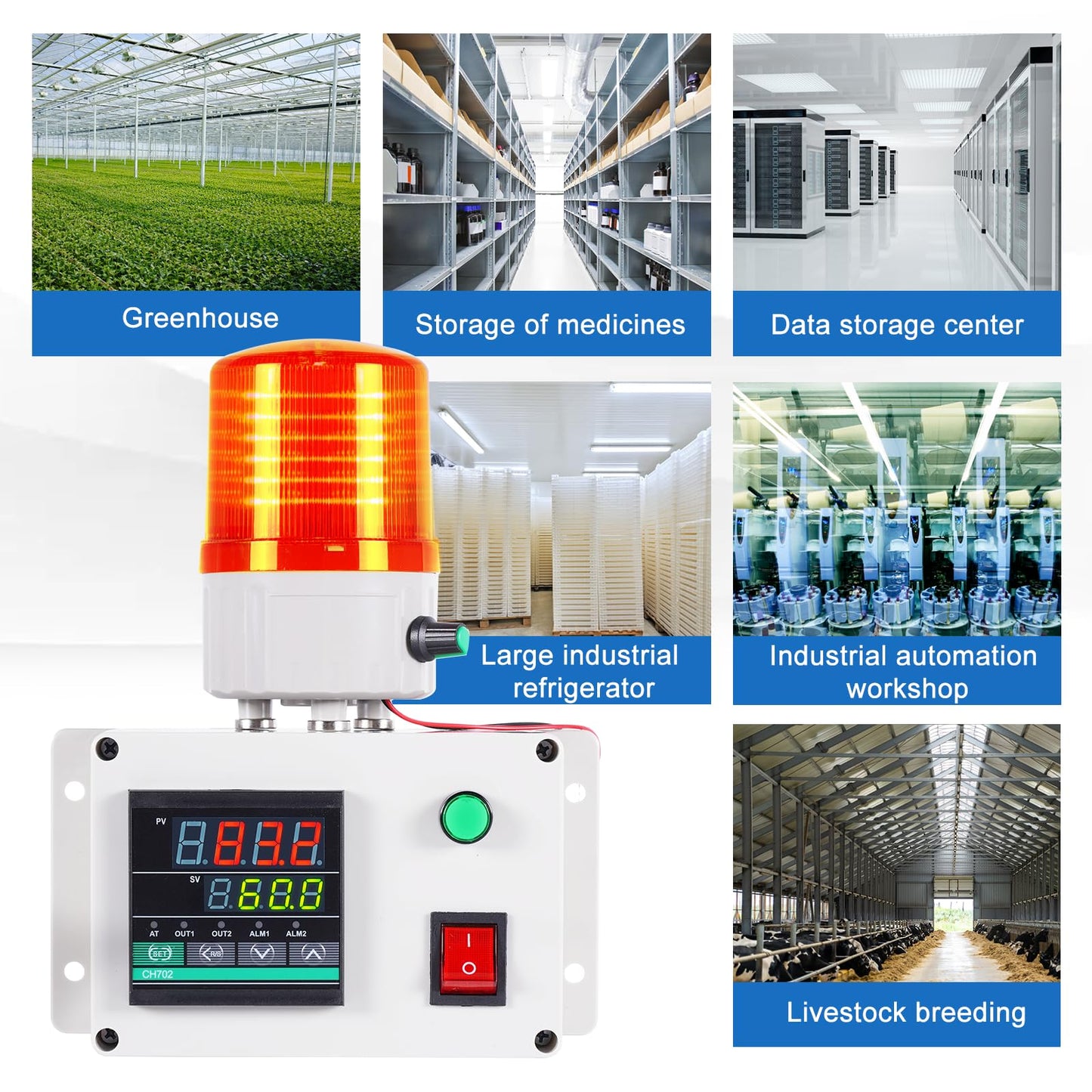 JIAWANSHUN High Precision Industrial Temperature Alarm, -326.2°F-1202°F ±0.18°F, Dual Limit Alarm with Self-Calibration, Audio Visual Alert for Hatchery, Greenhouse, Farm & Fish Pond