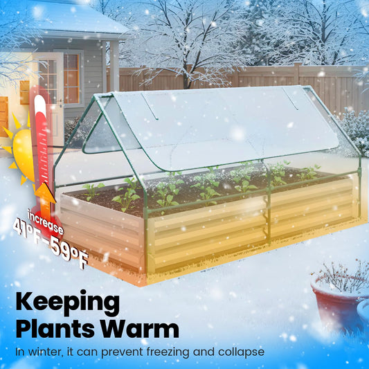 Quictent Raised Garden Bed with Cover Outdoor Galvanized Metal Planter Box Kit, w/ 2 Large Screen Windows Mini Greenhouse 20pcs T Tags 1 Pair of Gloves Included for Growing Vegetables 6x3x1ft (Clear)