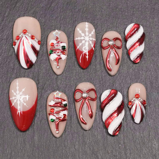 3D Christmas Tree Acrylic Fake Nail Glossy Red Colored Lantern Stick on Fingernails Snowflake Press on Nails 24Pcs Candy Cane Gel Glue on Nail Bow Tie Medium Almond False Nails for Women Xmas Gift