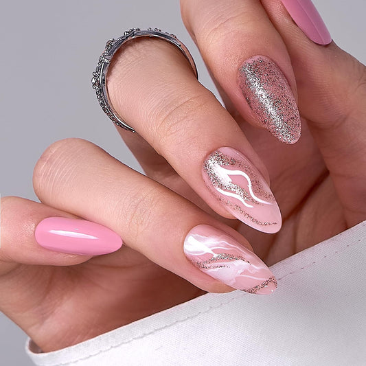 CurvLife Medium Press On Nails Kit - Full Cover False Almond Press on Nail Tips with Glittery Lines Designs, Reusable & Glue Included - Easy Application Nail Accessories for Women