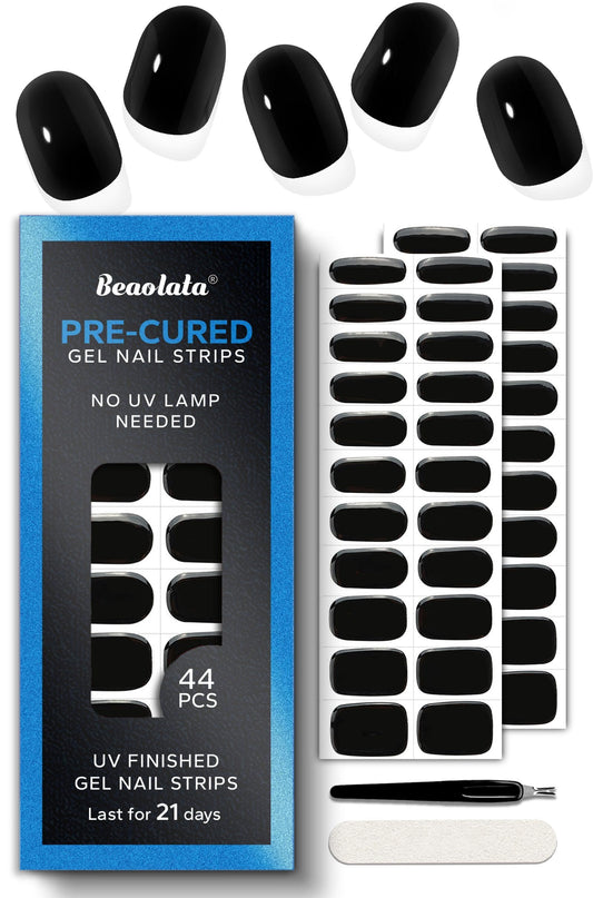 Beaolata Real Gel Nail Strips (No UV Light Needed) - 44Pcs Salon Quality Nail Stickers - Long Lasting Polish Wraps for Women, Easy Apply & Remove (Obsidian Black)