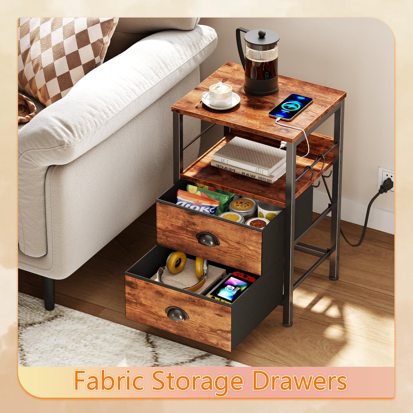 Furologee End Table with Charging Station, Nightstand with Fabric Drawers, Side Table with USB Ports & Outlets, Night Stand with Storage Shelf & Hooks, for Living Room/Bedroom, Rustic Brown