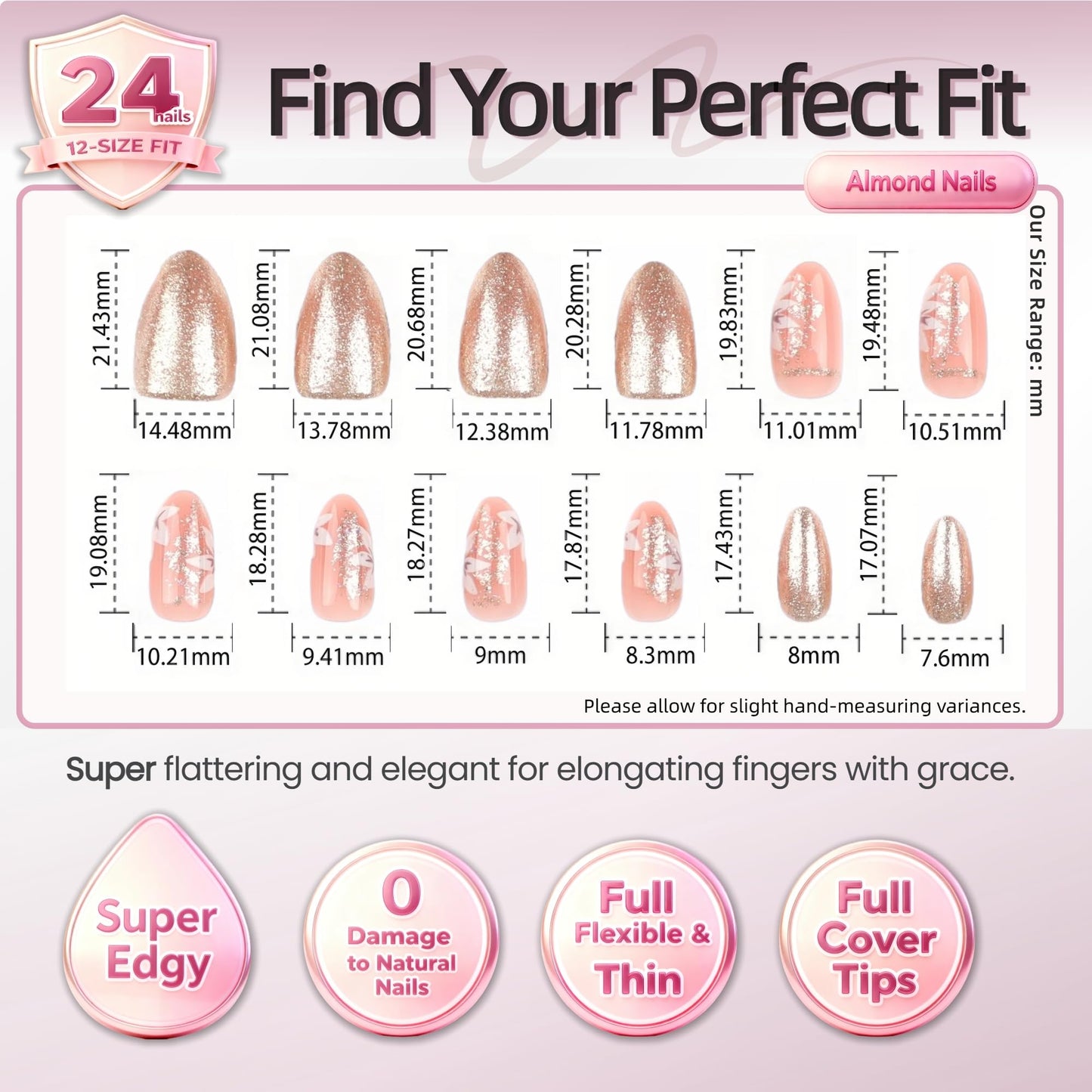 Taoyisent Glitter Ombre Press On Nails Almond Glossy, Pink Floral Fake Nails with Rose Gold Sparkle Design, Reusable Full Cover Stick On Nails for Women Party Wedding Daily Wear, 24PCS