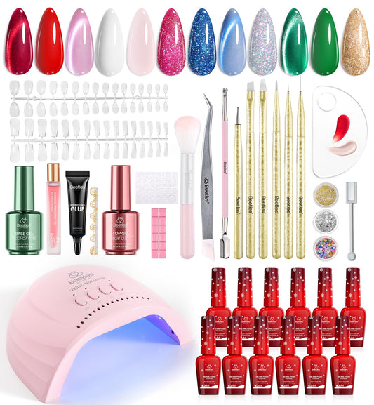 Beetles 67Pcs Gel Nail Polish Kit with U V Light - 12 Colors Jelly Cat Eye Pink Gel Polish Set Red Blue Glitter Nail Kit with Acrylic Holder Display Manicure Tools Salon Gifts for Women