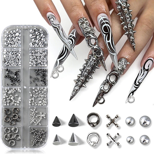 Furtherpretty Goth Nail Charms, 3D Triangle & Spike Gothic Punk Nail Charms, Black Rivet Studs Beads, Silver Alloy Piercing Grunge Y2K Nail Art Decorations, Manicure Accessories for DIY Salon Nails