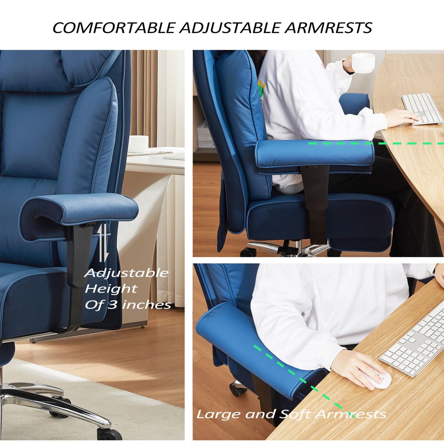 Efomao Big and Tall Office Chair 400lbs - Heavy Duty Executive Desk Chair with Foot Rest & 23" Wide Seat - High Back Ergonomic Leather Computer Chair for Heavy People, Home Office, Blue