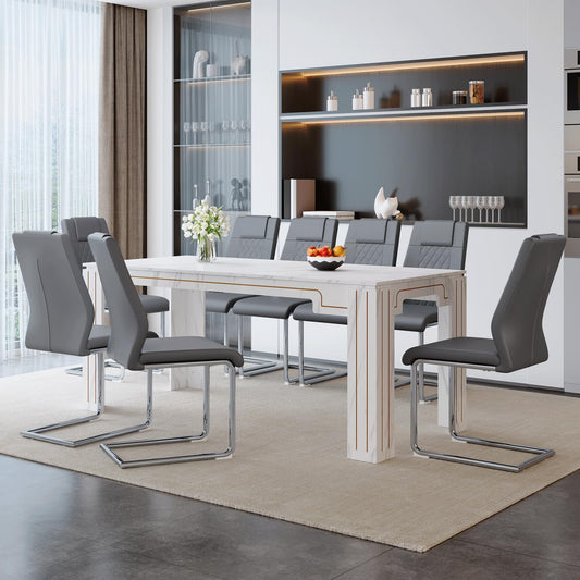 KEIKI 9-Piece Dining Table Set, 71" White Faux Marble Kitchen Table with 8 Dark Gray PU Leather Chairs, Modern Dining Room Set with Silver Metal Legs, Large Rectangular Table for Home, Restaurant