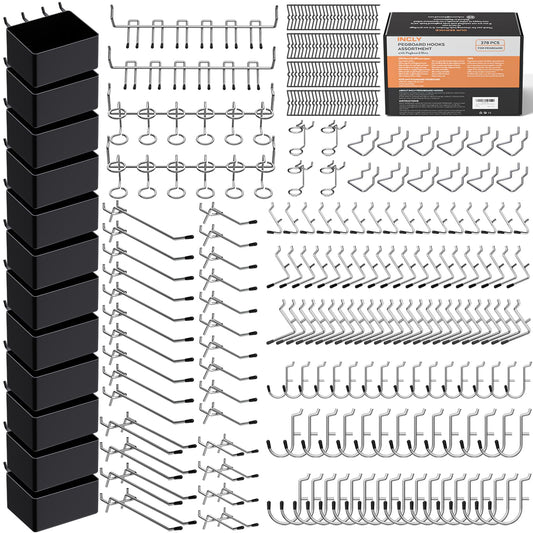 INCLY 278PCS Pegboard Accessories Organizer Kit, Peg Board Hooks Assortment with Bins for Organizing Various Tools, Fit 1/8 or 1/4 inch Pegboard for Hanging Storage, Garage Wall Attachments