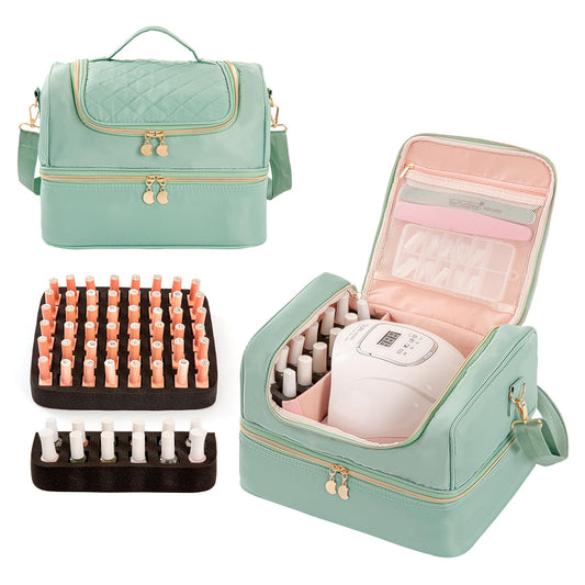 KGMCARE Nail Polish Organizer Case, Nail Supplies Storage Holds 60 Bottles Nail Polish & Nail Lamp Gel Nail Travel Carrying Bag for Nail Kit (Green)