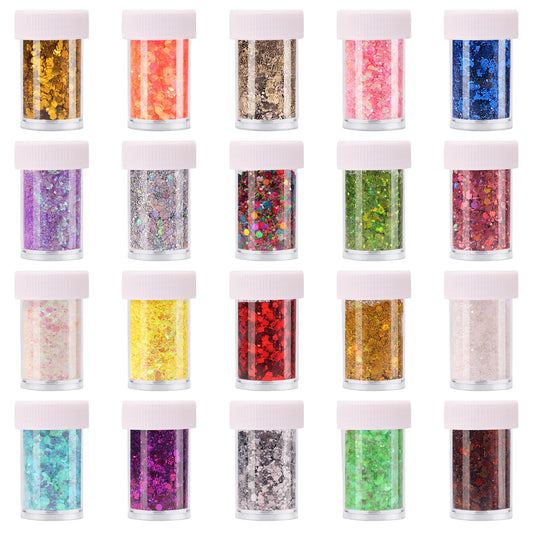 20 Assorted Colors Holographic Chunky and Fine Mixed Glitter,Shake Jar,for DIY Craft Epoxy Resin Tumber Making,Nail Art,Body Glitter,Jewelry Earring Keychain Making