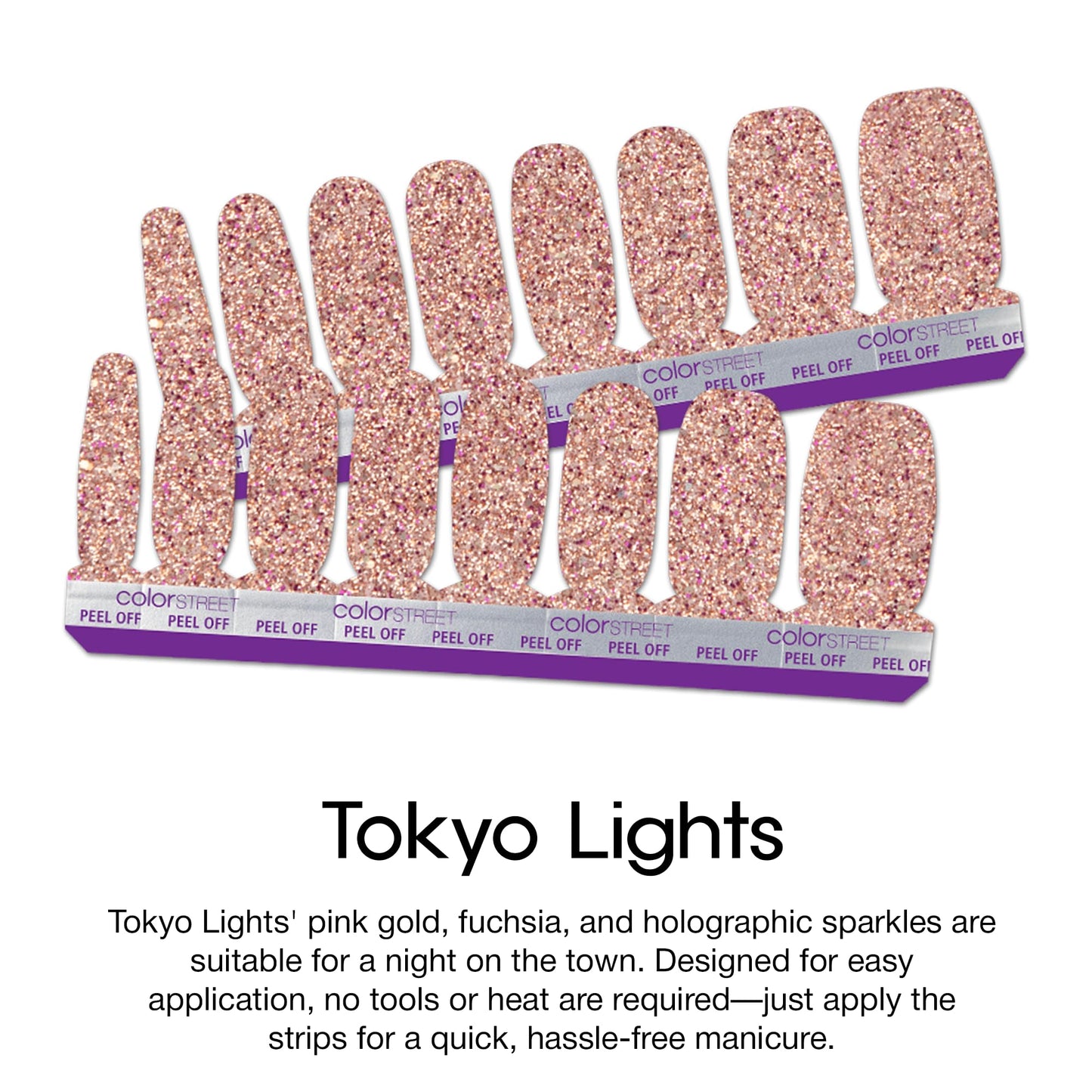 Color Street Tokyo Lights Nail Strips - Glitter Finish with Pink Gold Fuchsia & Holographic Sparkle - 16 Double-Ended Nail Polish Strips for Easy Application -Ideal for a Night Out or Special Occasion