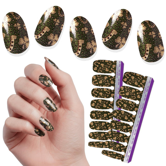 Color Street - Lucky You - Shimmery Deep Green and Gold Design Nail Polish Strips with Glossy Finish, Real Nail Polish Strips, St. Patrick’s Day Manicure Set - 16 Strips