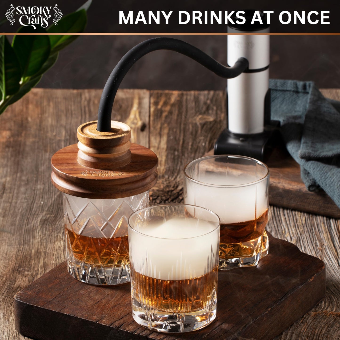 Smoky Crafts Food and Drink Smoker Kit with Smoke Gun, 8" Smoking Cloche Glass Dome, Acacia Cocktail Smoke Top and Wood Chips (Apple & Cherry) - Whiskey Smoker Kit - Gifts for Men