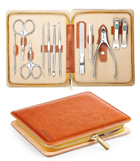 MR.GREEN 12-in-1 Manicure Set – Professional Nail Clipper Set, German Stainless Steel Manicure Tools for Fingernails & Toenails, Travel Nail Care Kit for Men & Women with Leather Case (Caramel Brown)