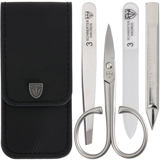 3 Swords Germany - brand quality 3 piece stainless steel INOX manicure pedicure grooming kit set for professional finger & toe nail care scissors file tweezers genuine leather case in gift box (03881)