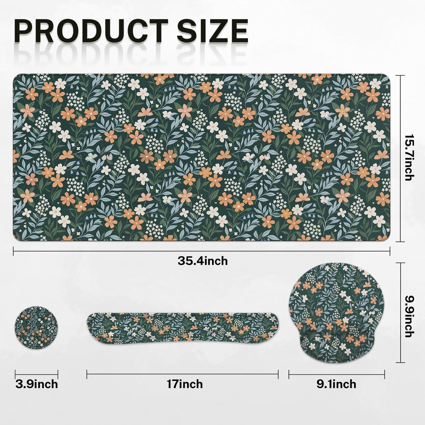 Britimes Green Florals Keyboard Mouse Pad Set Vintage Flower 4in1 Large Mousepad+Keyboard Wrist Rest+Mouse Wrist Rest+Coaster Ergonomic Design for Home Office Computer 35.4x15.7 inches