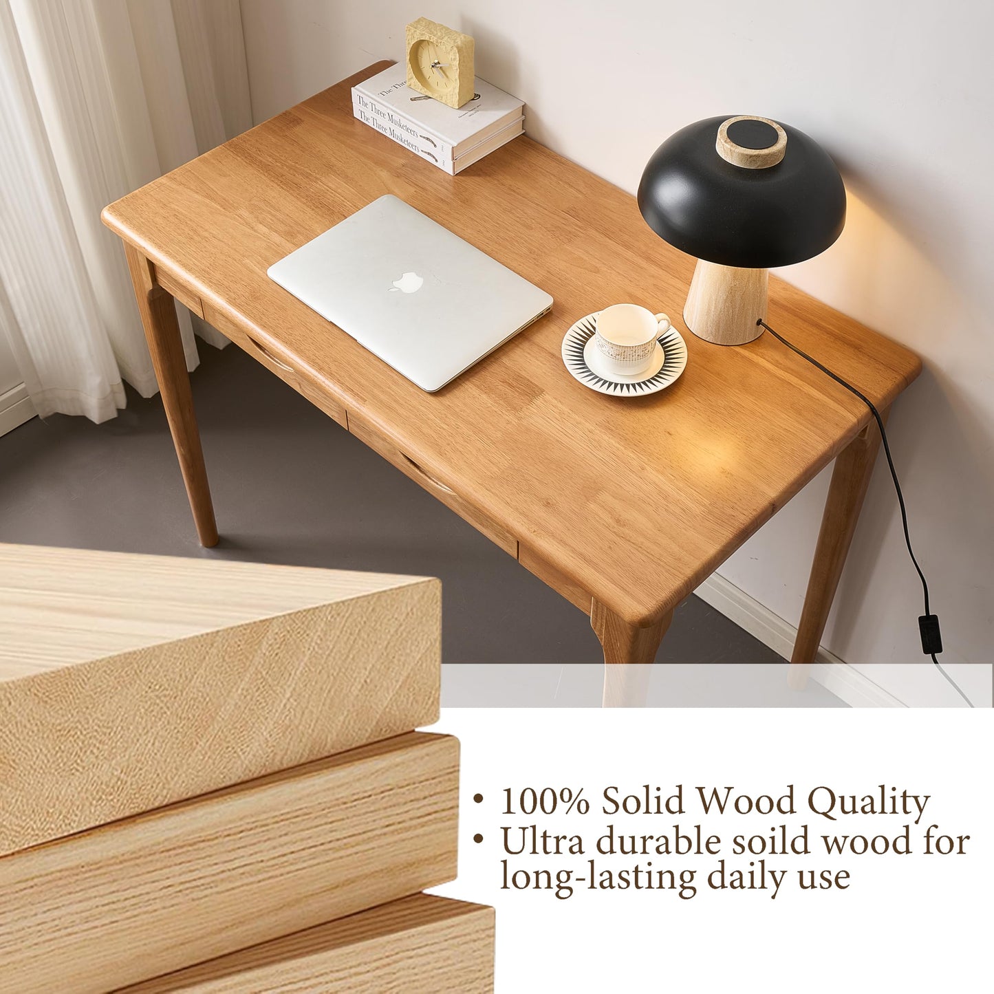 SHILAIYUNZ 47" Real Solid Wood Desk with Drawers, Space-Saving Home Office Writing Wooden Desk, Gaming & Computer Desk for Bedroom, Work Study Table for Small Space, Easy Assembly(Beech,47Inch)