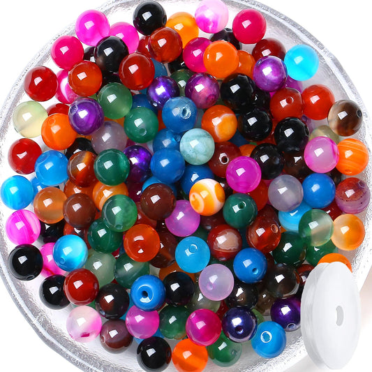 QINJIEJIE 100pcs Colorful Agate Stone Beads - 8mm Round Loose Gemstone Stone Beads for DIY Bracelet, Necklace, Earrings & Jewelry Making