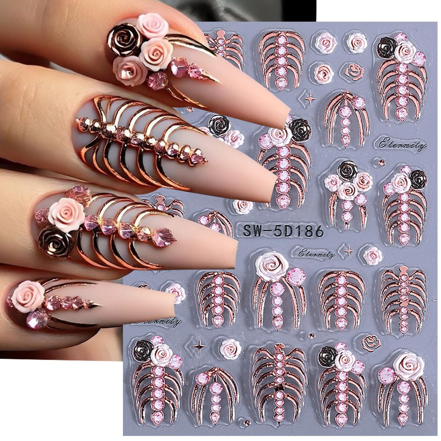 Gothic 5D Nail Art Stickers 10 PCS Embossed Skeleton Y2K Nail Decals Golden Rose Gold White Bone Skeleton Designs Goth Bat Self Adhesive Sliders Nail Art Decoration Manicure Accessories for DIY Party