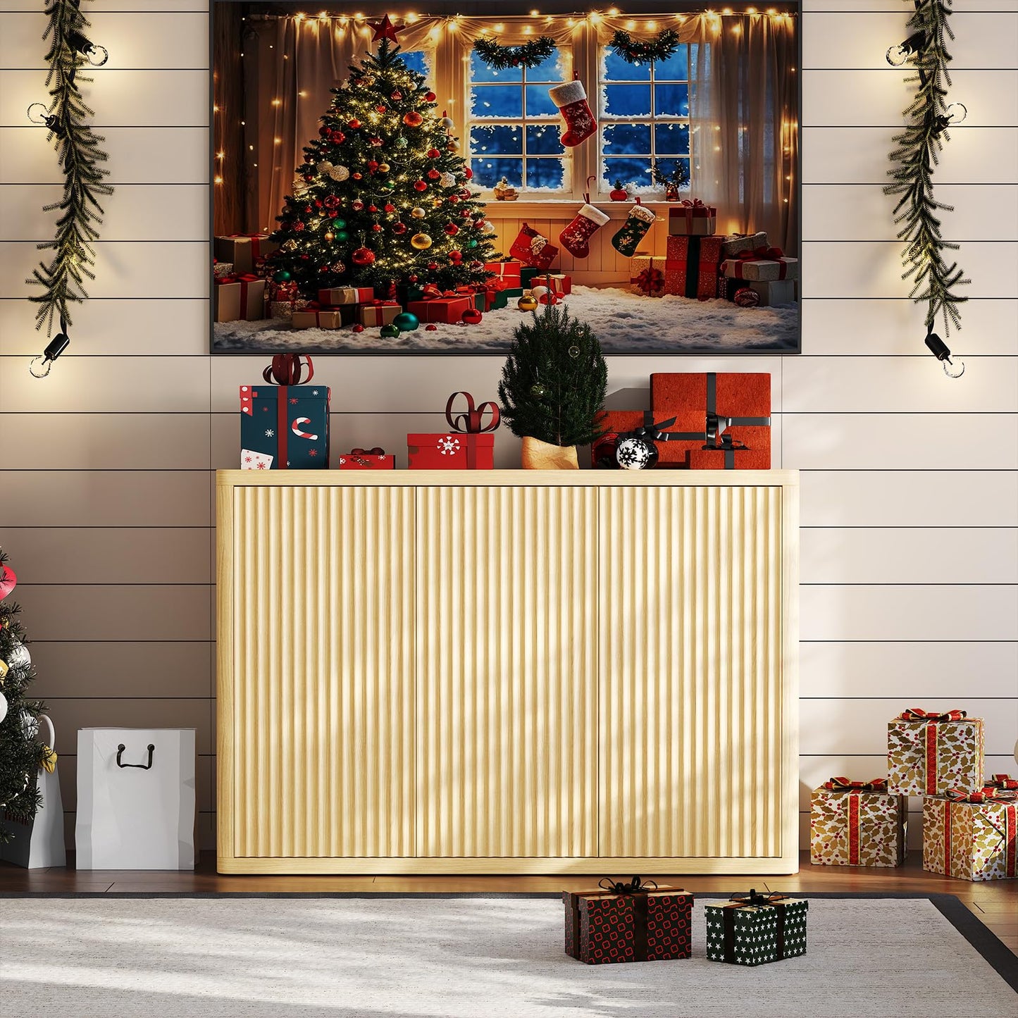 46.7 in Sideboard Buffet Cabinet with Storage, Wooden Fluted Storage Cabinet Sideboard with Adjustable Shelves and 3 Doors, Wood Accent Credenza Coffee Bar Table for Kitchen Living Room- Natural