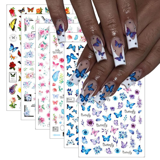 6 Sheets Colorful Butterfly Nail Art Sticker Decals Spring Summer 3D Self-Adhesive Nail Decals Pink Floral Nail Supplies Blue Purple Yellow Butterfly Nails Designs Supplies for Women Nail Decoration