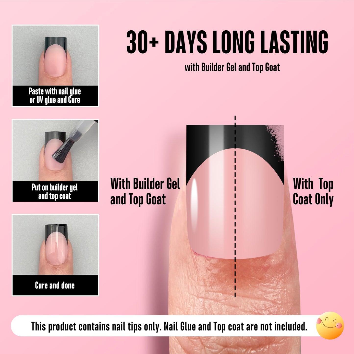NOVO OVO Short Sharp Square Black French Tip Nail Tips Press on BABY PINK, Extra Thick NEED Nail Glue Builder Gel Top Coat, Soft Gel Full Cover Fake Flase Nail Extension for DIY x 15 Sizes 240 pcs