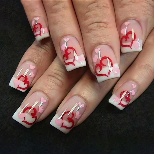 Valentines Press On Nails Short Square Red Heart Fake Nails Pink Heart Nails Press ons White French Tips Full Cover Acrylic Nails Glue on Nails Stick on Nails False Nails for Women Girls 24 Pcs