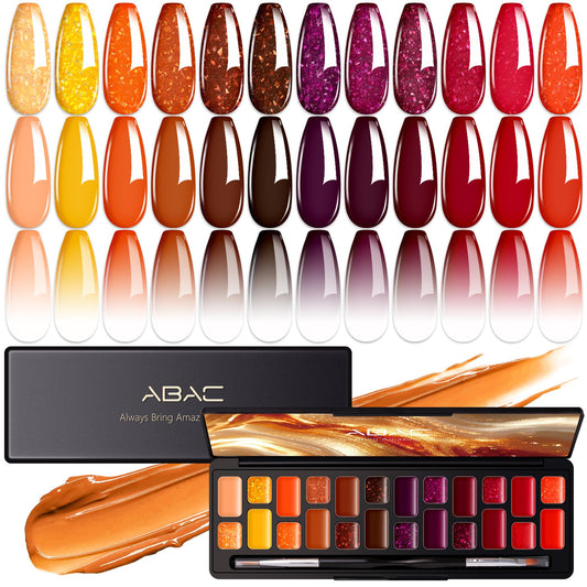 ABAC Fall & Winter Solid Gel Nail Polish Set Orange Yellow Burgundy Red Brown Purple Glitter Colors w/Pro Brush No-Spill,Hema-Free Gel Nail Kit Gifts for Women All Season