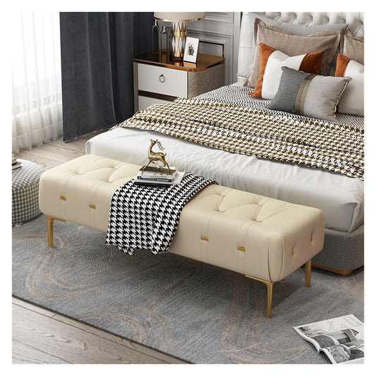 Bedroom End of Bed Bench Upholstered Tufted Bench with Upholstered Seat, Foot Stool with Sturdy Metal Legs, Leather Bench for Bedroom Living Room Entrance Ottoman Couch Bench (Color : Beige, Size :