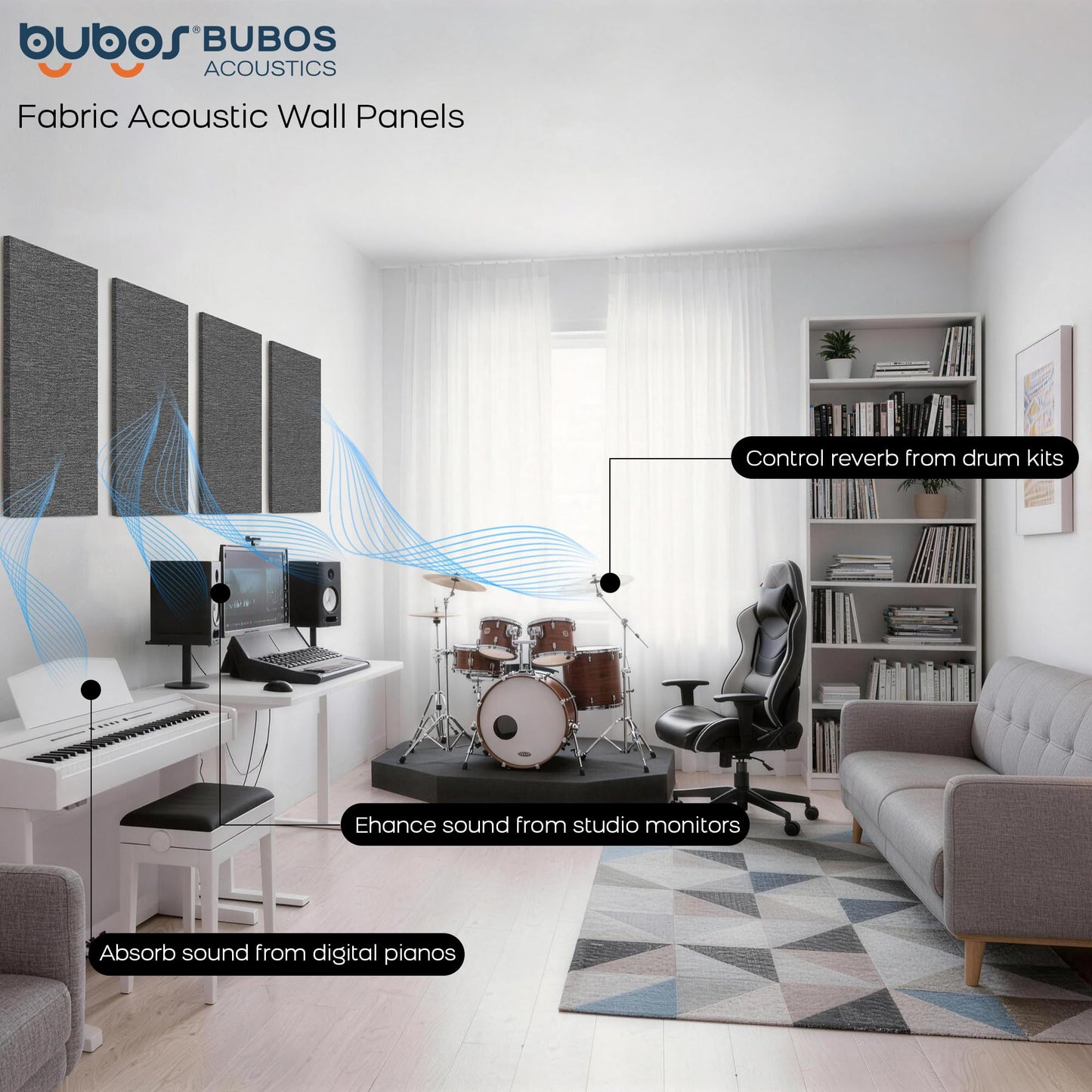 BUBOS 4 PCS Fabric Acoustic Panels, 23.6''x11.8''x1'' Self-Adhesive Soundproofing Panels for Home Studio, Office & Living Room, Sleek Design to Eliminate Echo,Fabric-Clad Grey