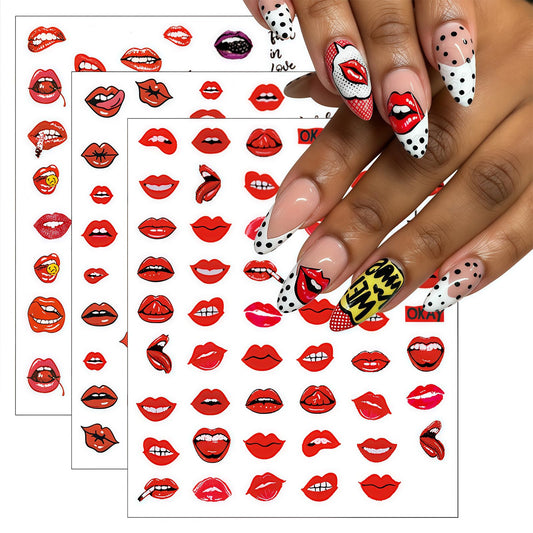 3 Sheets Embossed Valentine's Day Lips Nail Art Stickers 5D Self-Adhesive Sexy Red Lips Nail Decals Suitable for Women's Nail Art Decoration