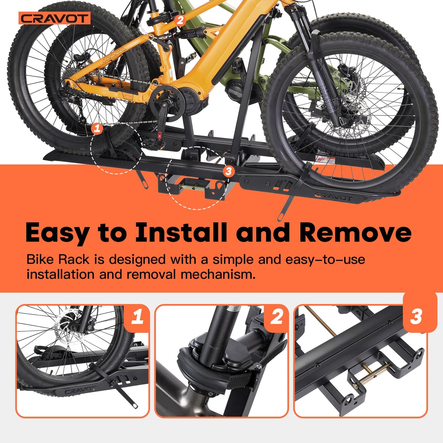 CRAVOT CyberRack S2 Ebike Rack, 300 lbs Capacity Foldable Bike Racks for Tow Hitch Heavy Electric Bike Carrier for 2 E-Bike, Up to 5-inch Fat Tire 2'' Receiver