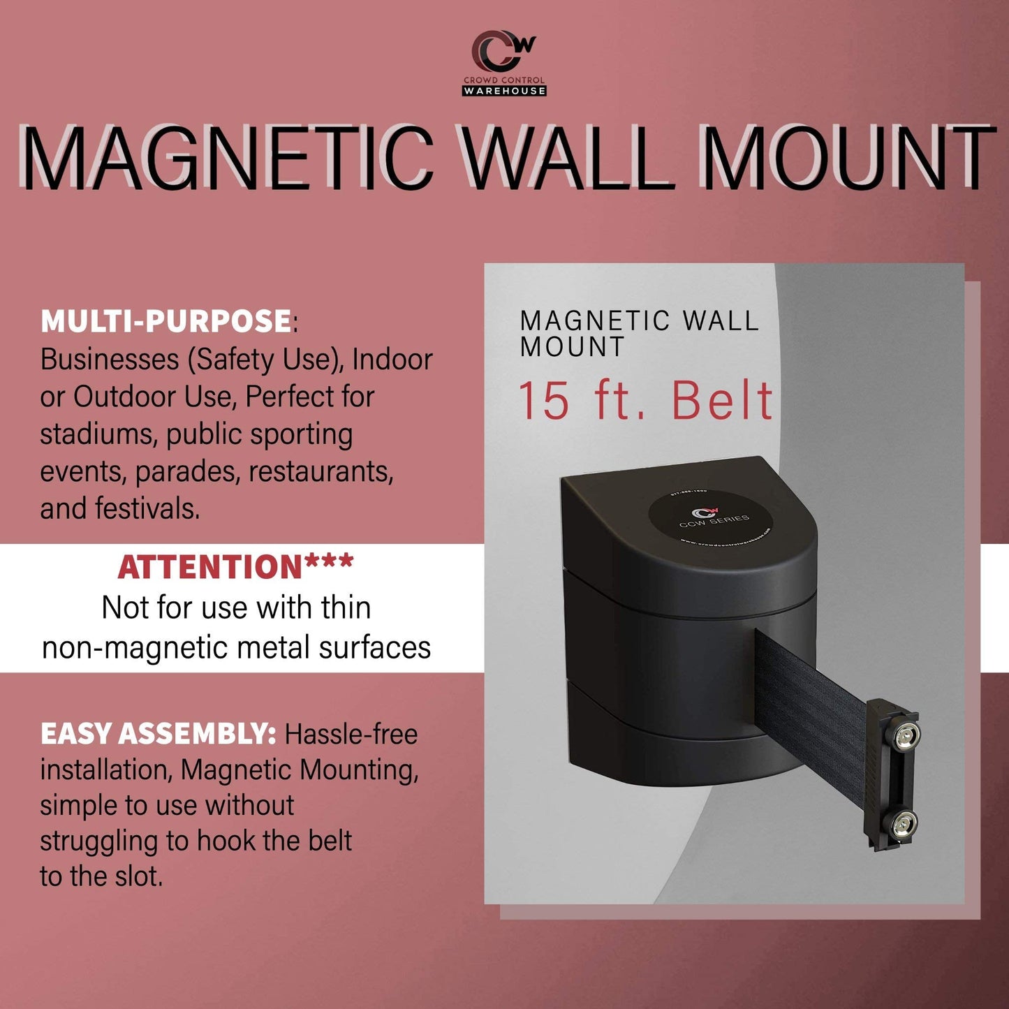 Crowd Control Warehouse - CCW Series WMB-220 Magnetic Wall Mount Retractable Belt Barrier - 15 Foot, Red with"NO Entry" White Letters Belt with Black ABS Case