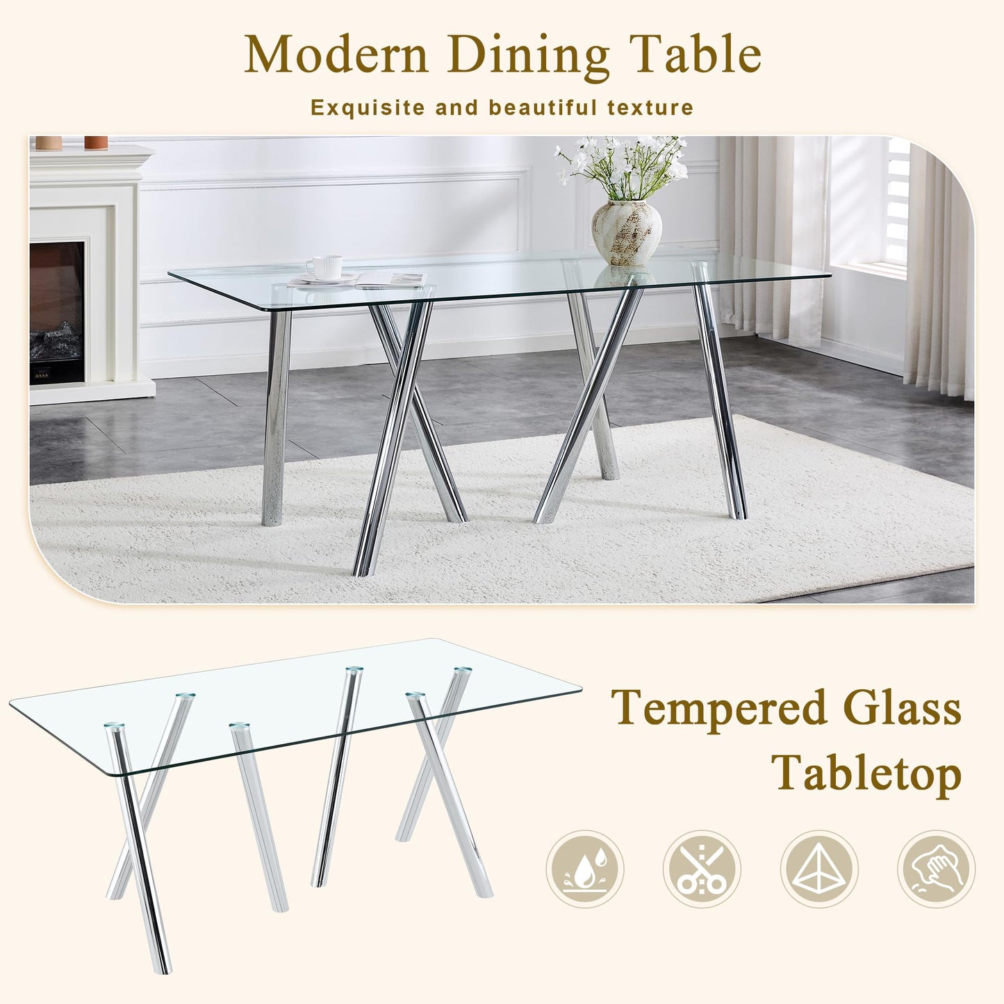 Vohward 71" Glass Dining Table Set for 6, 7 Piece Modern Tempered Glass Dining Room Table with 6 Black Upholstered Chairs, Rectangular Kitchen Table Set with Chrome Metal Legs, 400 lb Capacity