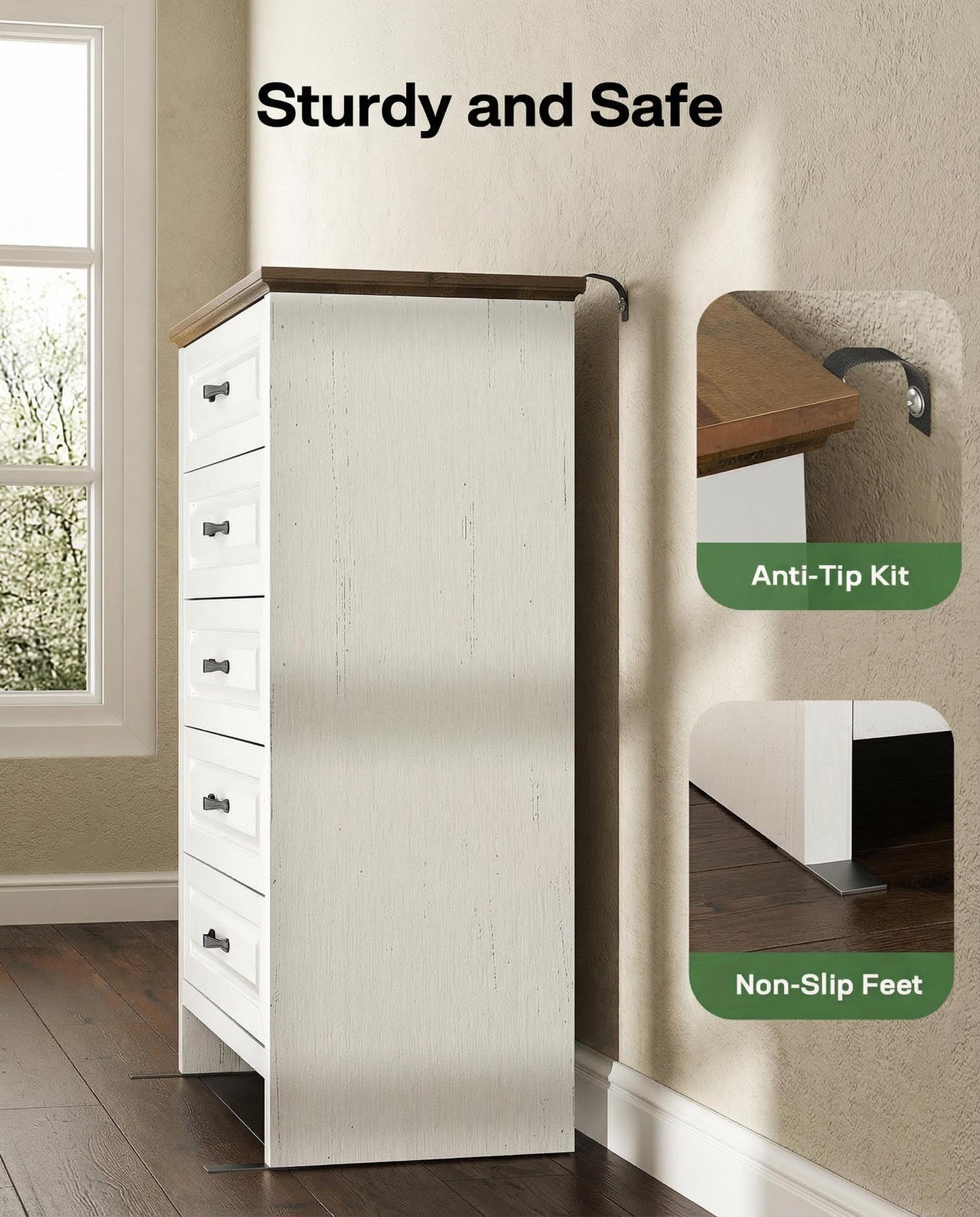 Marsail Farmhouse 5 Drawer Dresser, Wood Chest of Drawers with Natural Texture, Smooth Gliding Drawers, Versatile Storage Organizer Cabinet for Bedroom & Living Room, White and Brown