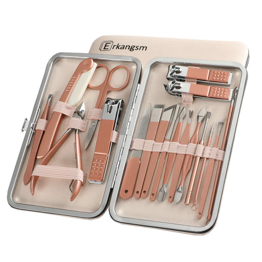 Professional Manicure Pedicure Stainless Set - Erkangsm 18 in 1 Manicure Pedicure Grooming Kit,Nail Clippers,Toenails Scissors,Ear Pick,Nail Tools with PU Leather Travel Case (Pink)
