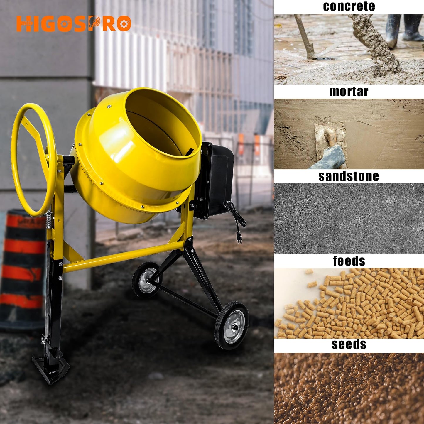 HIGOSPRO Portable 4.2 Cu Ft Concrete Cement Mixer, 3/5 Hp Electric Mixer Machine with Wheel & 120L Freestanding Barrow Machine, Portable Cement Mixing Machine for Stucco, Mortar Seeds