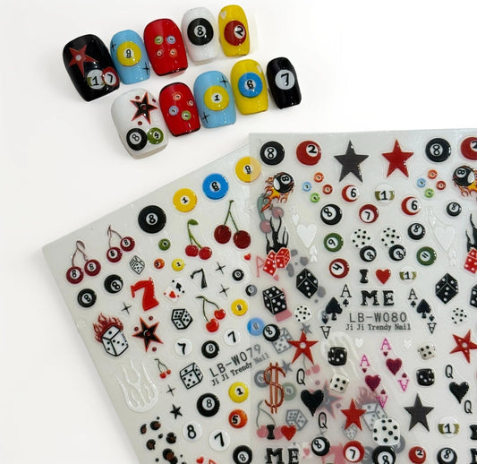 SIMAYKUWA 3D Nail Stickers for Pool & Dice Design - Cartoon Style Press-on Nail Art Decals (2 Sheets) - Cute Textured Manicure DIY Accessories