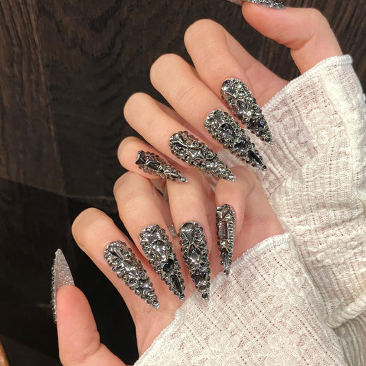 MNAFAYY Luxury Gems 100% Handmade Nails Long Stiletto Press On Nails Full Cover 3D Rhinestone Crystal Gorgeous Reusable UV Finished Fake False Nails Acrylic Nail Kit With Box Gift for Women Gray S