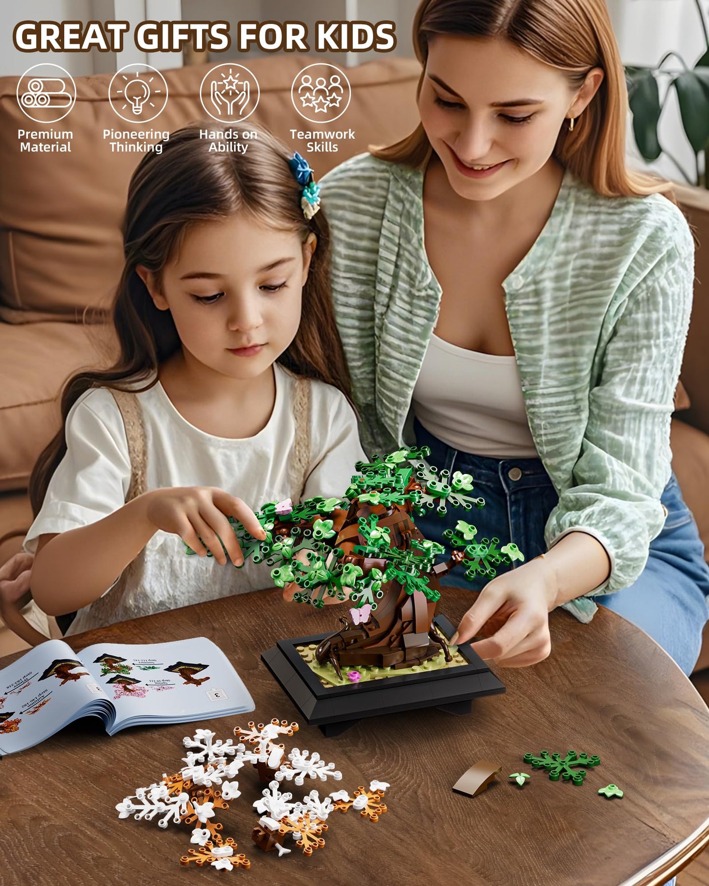 Muiurple 4 in 1 Bonsai Tree Building Set, Four Season Cherry Bonsai Tree Building Kit, Artificial Plant Decor for Home, Desk Greenery, Gift for Adults Girls, Boys and Mother's Day.