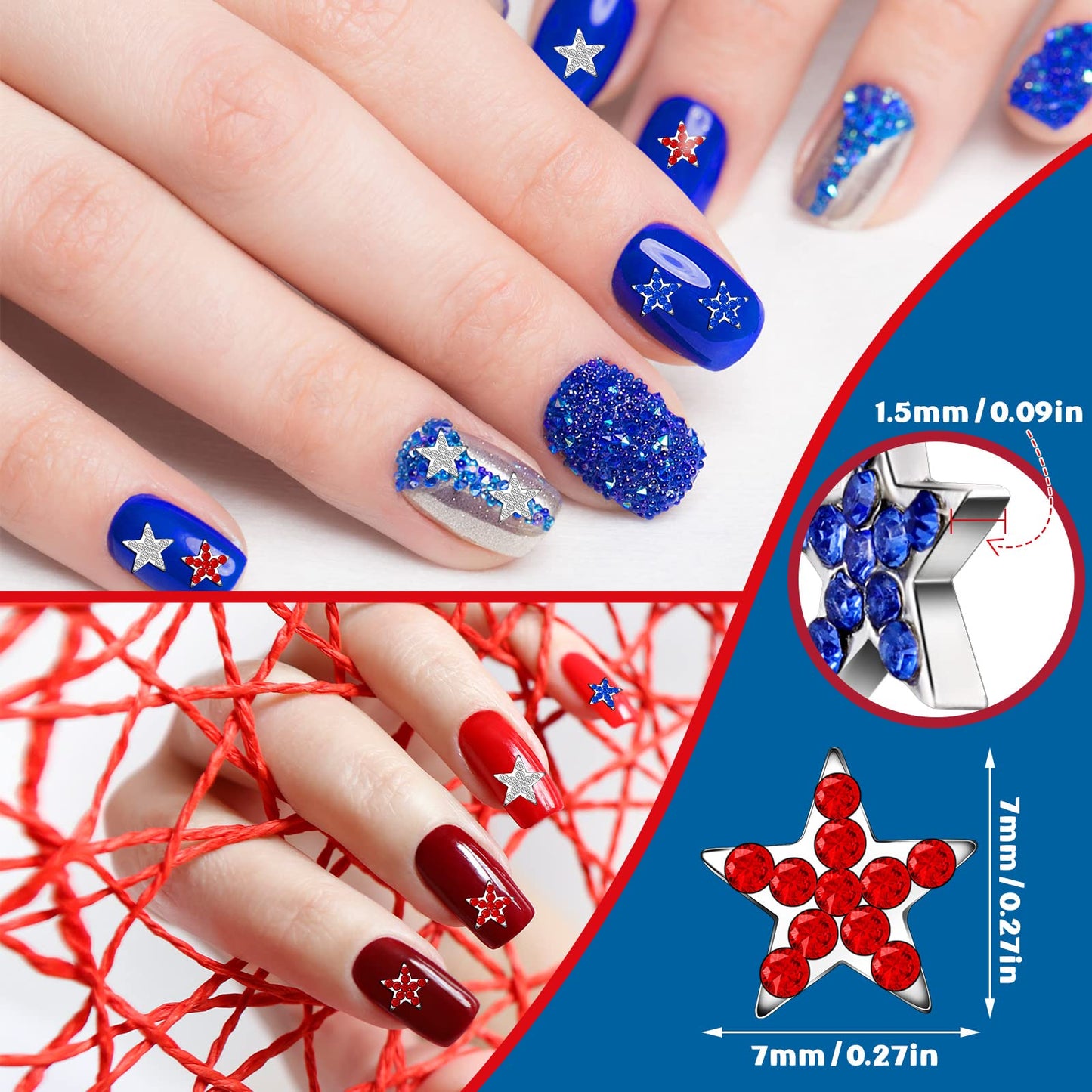 Leelosp 36 Pcs Star Shaped Nail Charms 4th of July for 250th Anniversary, Patriotic Red White Blue 3D Alloy Rhinestones, DIY Nail Art Gems, Independence Day Jewelry for Women