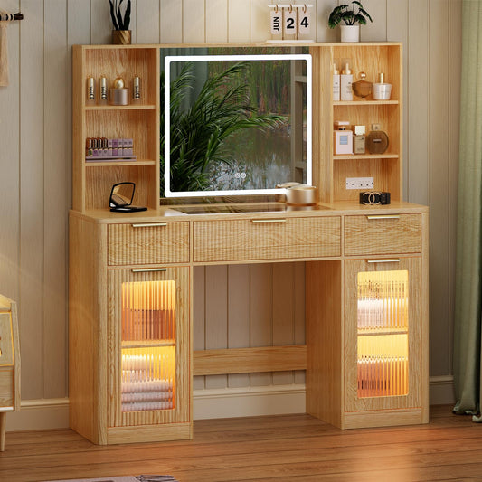 GRUTEUNIT 51" Large Vanity,Modern Fluted Makeup Vanity Desk with Mirror and Lights, Glass Top Vanity with 3 Drawers and 2 Cabinets&Charging Station,Dressing Table for Women and Girls’ bedrooms. Oak