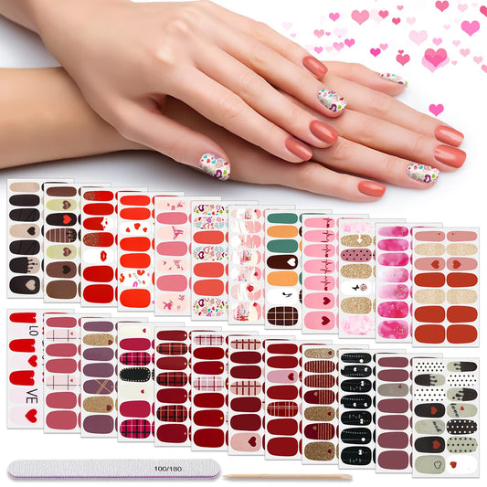 DANNEASY 24 Sheets Valentine's Day Nail Wraps for Women Stick On Nail Polish Strips Gel Nail Strips Self Adhesive Nail Polish Stickers Nail Sticker for Nail Art with Nail File, Cuticle Stick