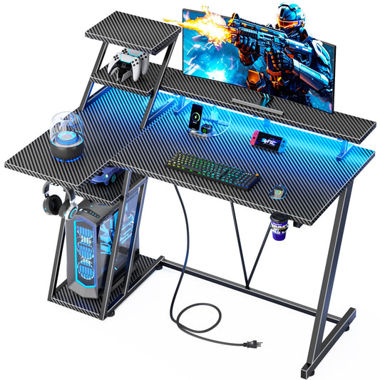 Korfile 39 Inch Gaming Desk with LED Lights & Power Outlet, Small Gaming Computer Desk with Storage Shelves, L Shaped Gamer Workstations with Monitor Stand for Bedroom, Carbon Fiber Black