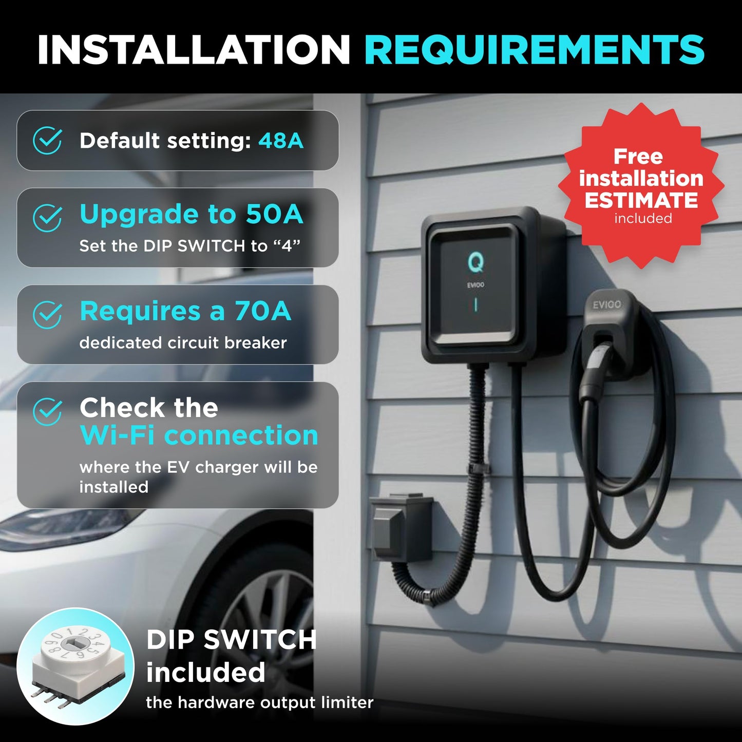 EVIQO Level 2 EV Charger, 40-48 Amp, J1772 for Non-Tesla EVs, 25ft Cable, WiFi (2.4GHz) Smart App, Weatherproof Indoor/Outdoor (IP66, NEMA 4), UL & ETL Certified, Hardwired 240V, 11.5kW