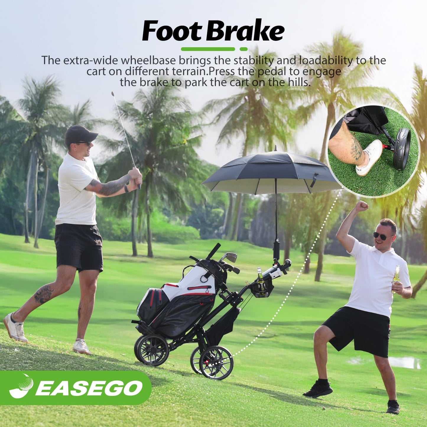 EASEGO Golf Push Cart 4 Wheel : Golf Walking Carts with Phone Holder/Cup Holder/Umbrella Holder/Foot Brake/Cooler Basket 4 Wheel Superlite Golf Pull Cart All-Terrain Golf Caddy Carts(Black)