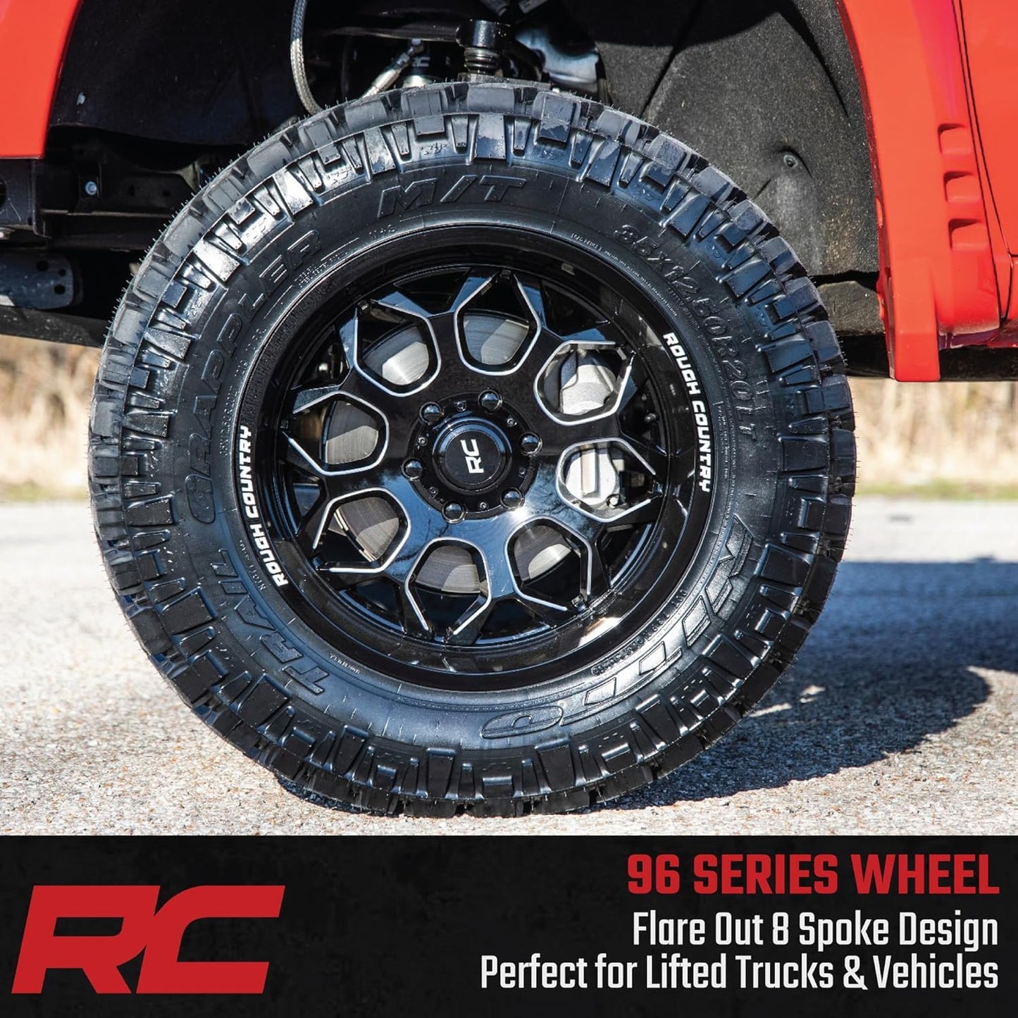 Rough Country 96 Series One-Piece Aluminum Wheel 20x10, 6x5.5" Bolt Pattern, 19mm Offset - Gloss Black w/Milled Accents, 8-Spoke, Lightweight with Center Cap